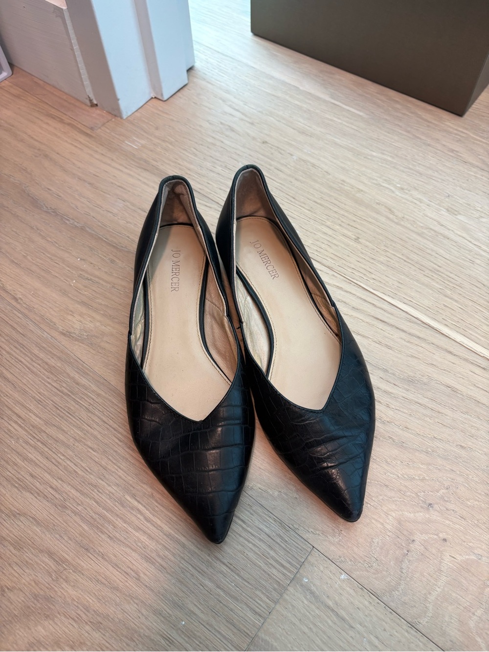 Jo Mercer Black Croc-Embossed Pointed Toe Flats